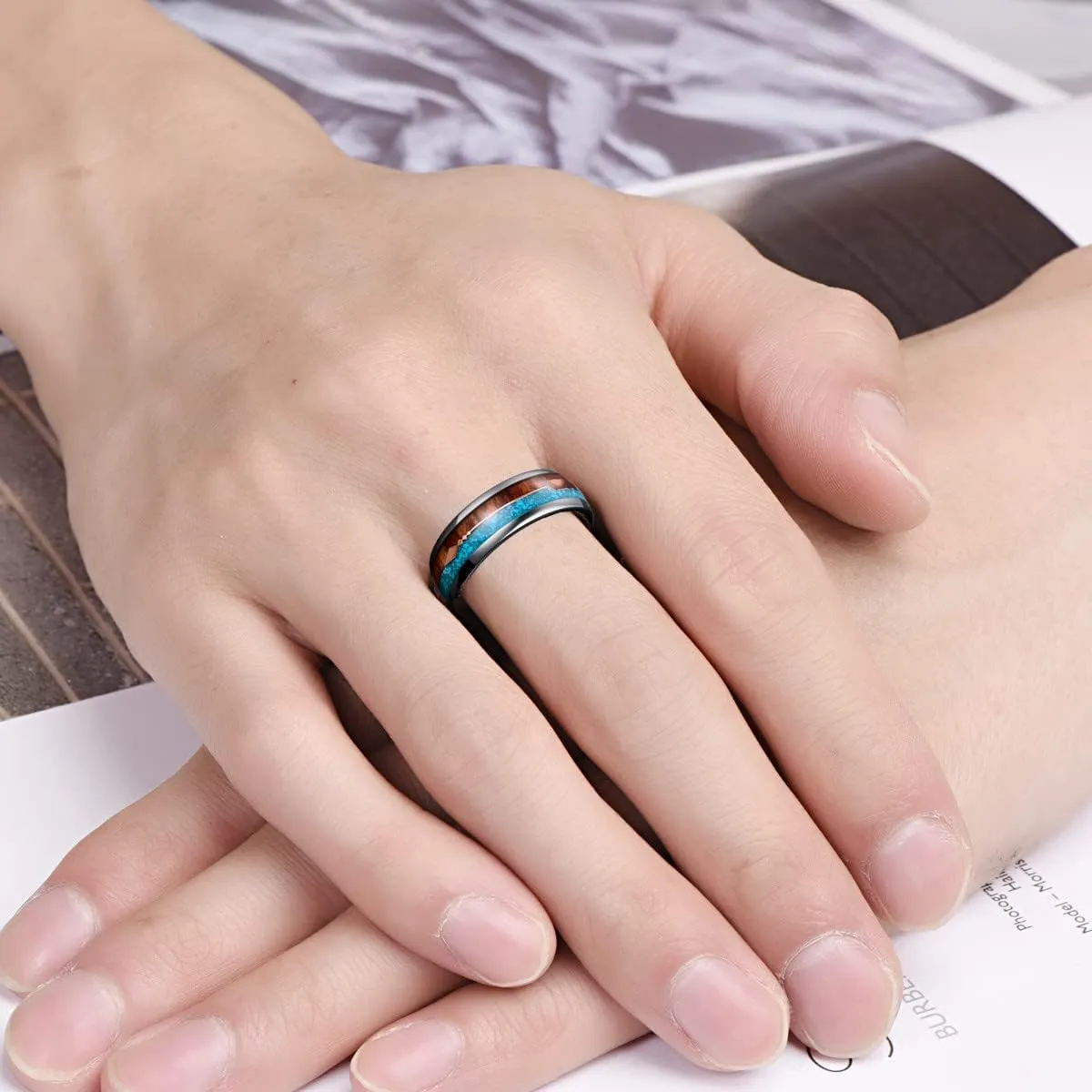 Vakki Rose Gold Arrow Tungsten Ring for Men Koa Wood and Turquoise Inlay 8mm Silver Wedding Band Size 7-12