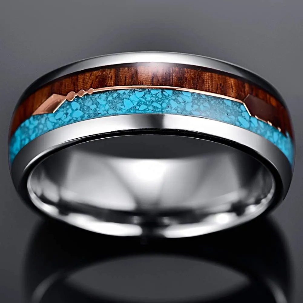 Vakki Rose Gold Arrow Tungsten Ring for Men Koa Wood and Turquoise Inlay 8mm Silver Wedding Band Size 7-12