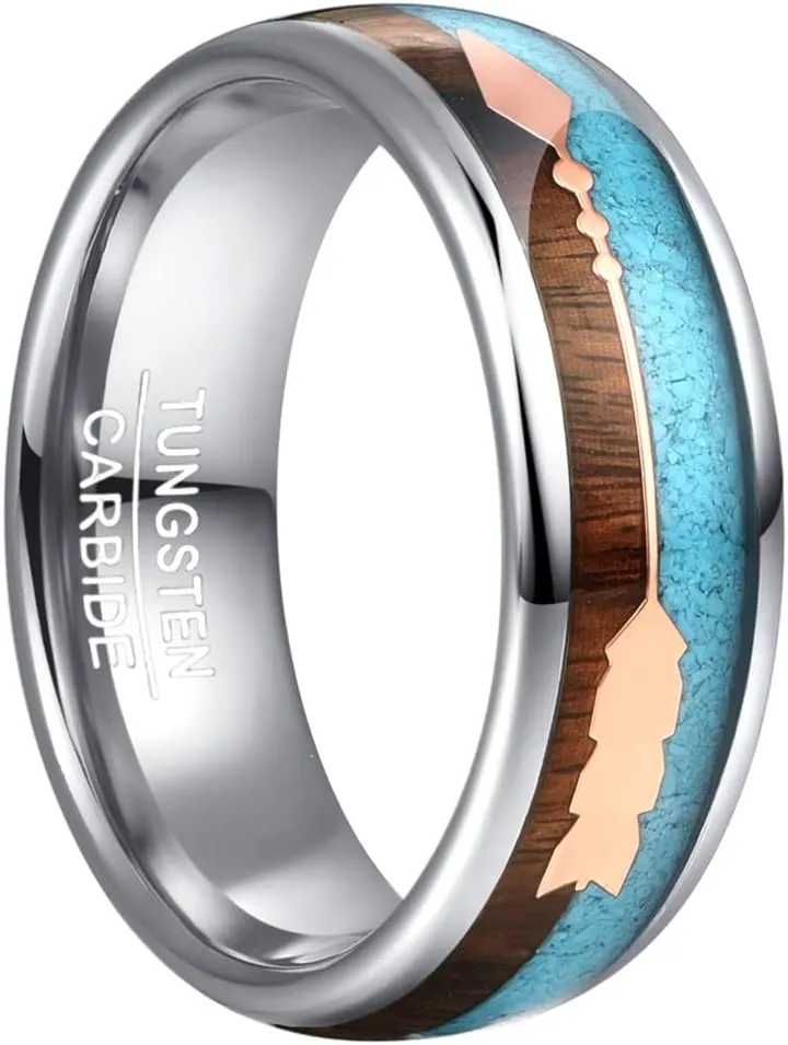 Vakki Rose Gold Arrow Tungsten Ring for Men Koa Wood and Turquoise Inlay 8mm Silver Wedding Band Size 7-12