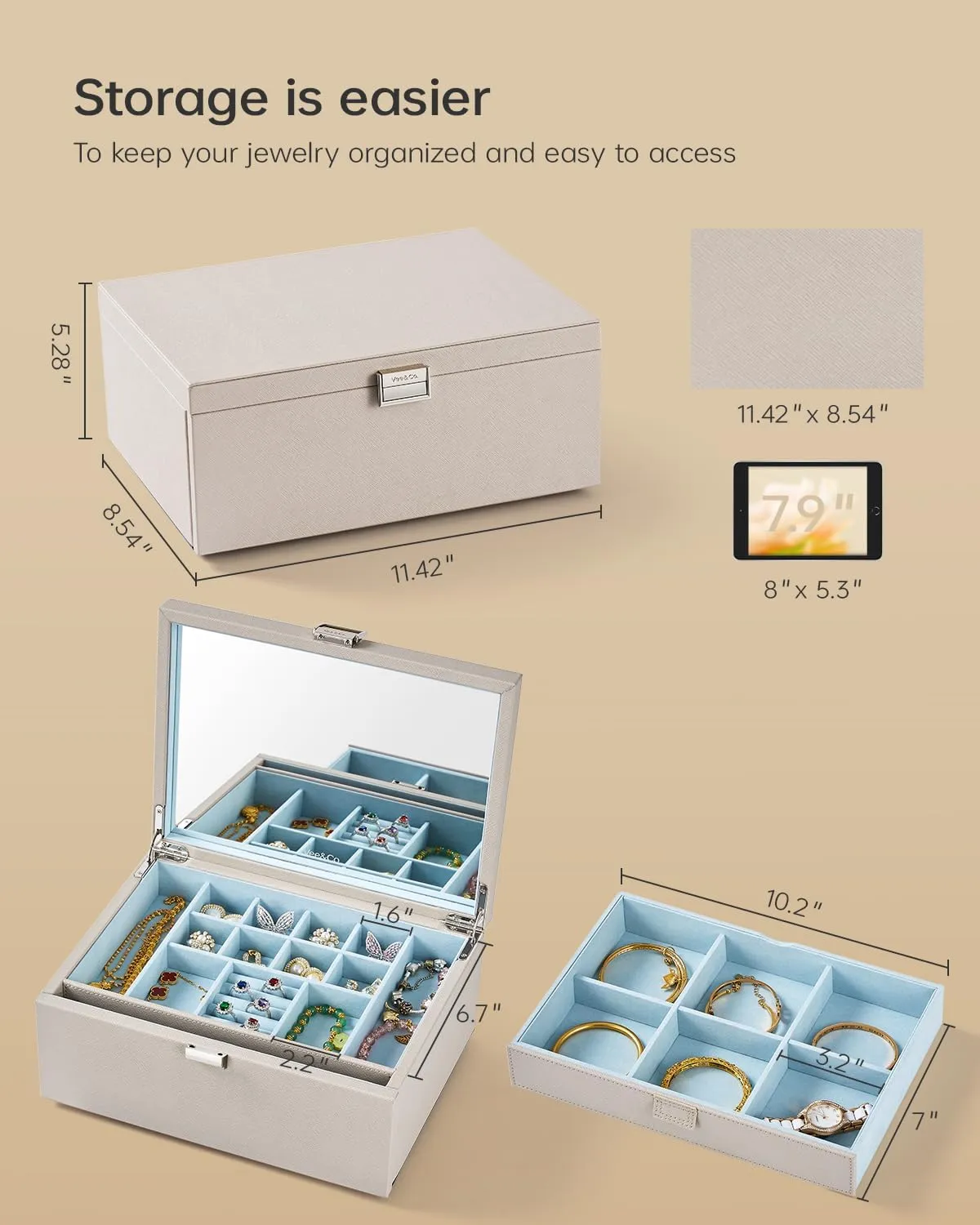 Vee jewelry box with Lid,2-Layer Jewelry Organizer with big Mirror, PU Leather Jewelry Storage Display Holder for Necklace Earrings Rings Bracelets,Lockable,Gift for Women Girls (2-Layer Grey1)