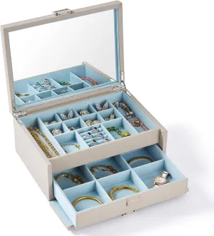 Vee jewelry box with Lid,2-Layer Jewelry Organizer with big Mirror, PU Leather Jewelry Storage Display Holder for Necklace Earrings Rings Bracelets,Lockable,Gift for Women Girls (2-Layer Grey1)