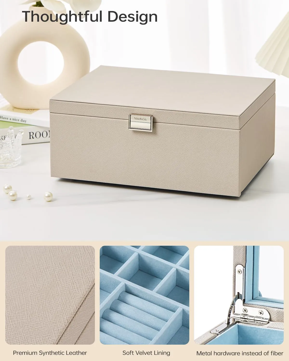 Vee jewelry box with Lid,2-Layer Jewelry Organizer with big Mirror, PU Leather Jewelry Storage Display Holder for Necklace Earrings Rings Bracelets,Lockable,Gift for Women Girls (2-Layer Grey1)