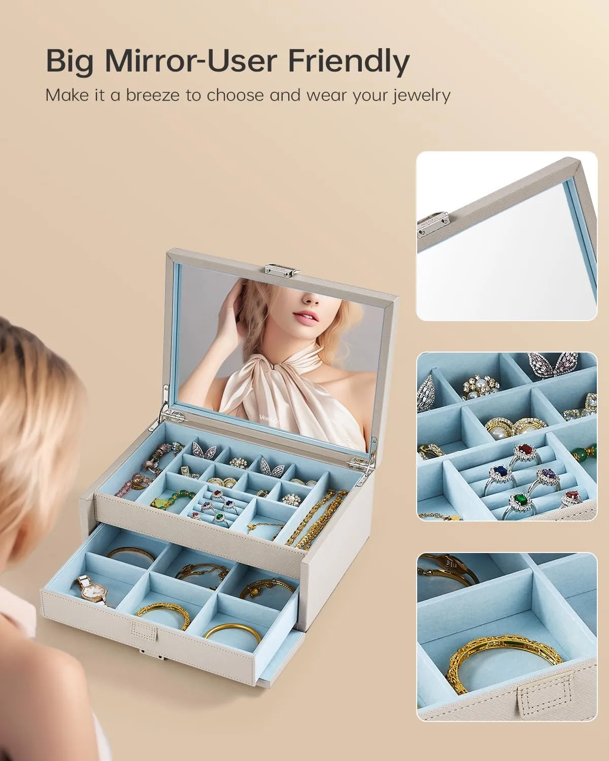 Vee jewelry box with Lid,2-Layer Jewelry Organizer with big Mirror, PU Leather Jewelry Storage Display Holder for Necklace Earrings Rings Bracelets,Lockable,Gift for Women Girls (2-Layer Grey1)