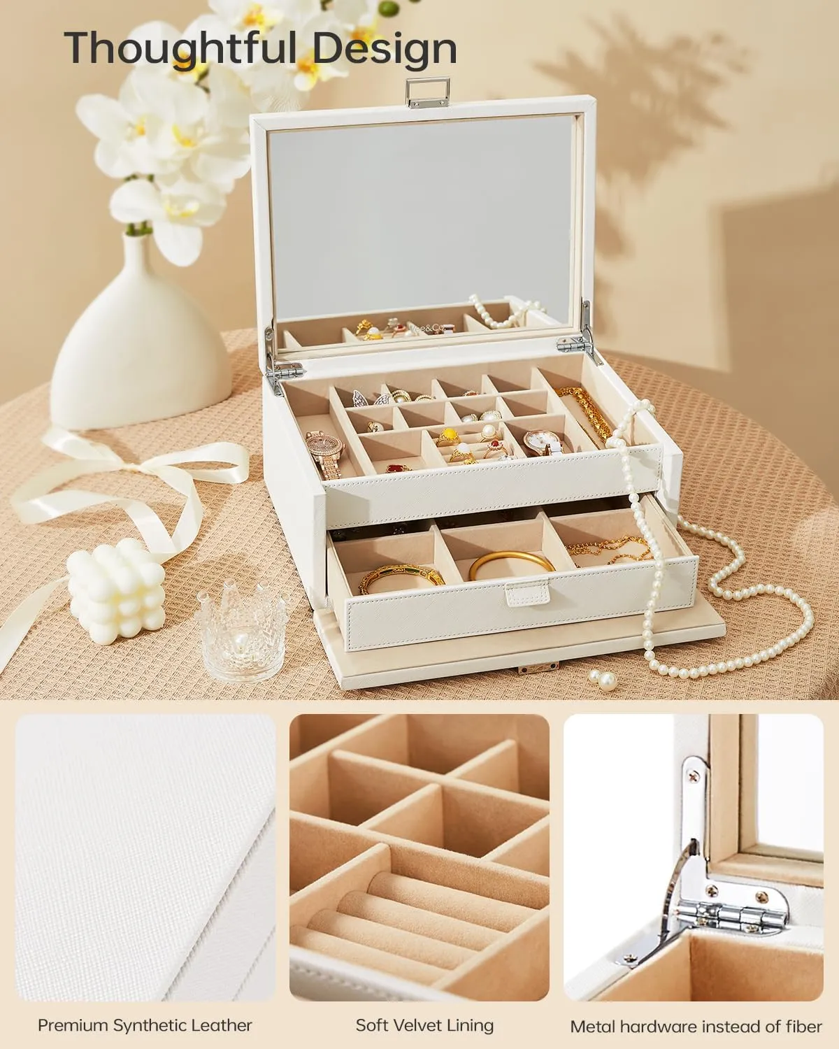 Vee Jewelry Box with Lid,2-Layer Jewelry Organizer with big Mirror, PU Leather Jewelry Storage Display Holder for Necklace Earrings Rings Bracelets,Lockable,Gift for Women Girls (2-Layer White1)