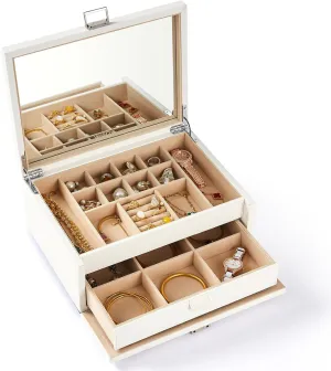 Vee Jewelry Box with Lid,2-Layer Jewelry Organizer with big Mirror, PU Leather Jewelry Storage Display Holder for Necklace Earrings Rings Bracelets,Lockable,Gift for Women Girls (2-Layer White1)