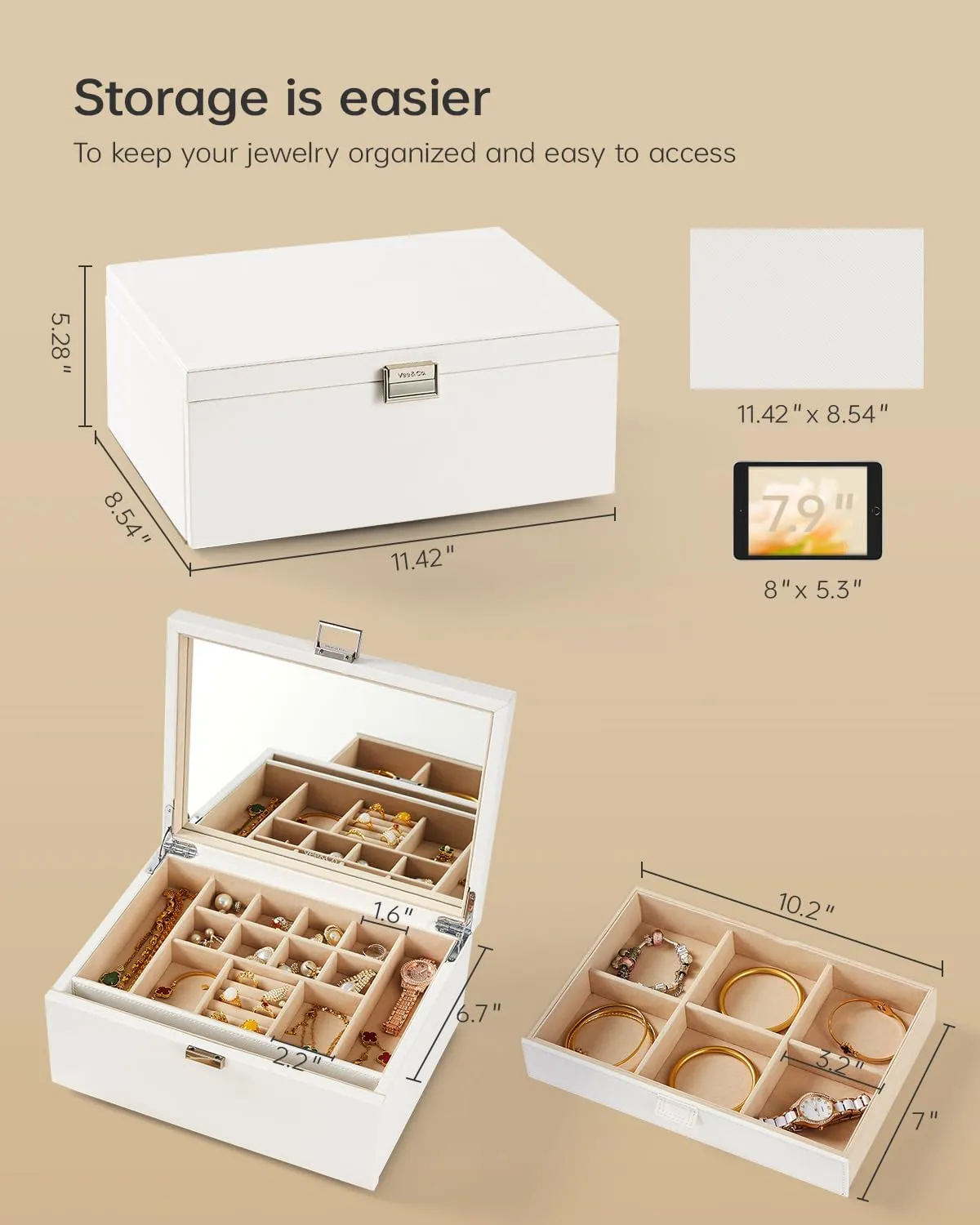 Vee Jewelry Box with Lid,2-Layer Jewelry Organizer with big Mirror, PU Leather Jewelry Storage Display Holder for Necklace Earrings Rings Bracelets,Lockable,Gift for Women Girls (2-Layer White1)
