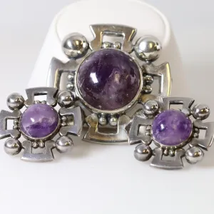 Vintage Fred Davis Taxco Jewelry | Bold Amethyst Brooch and Earring Set