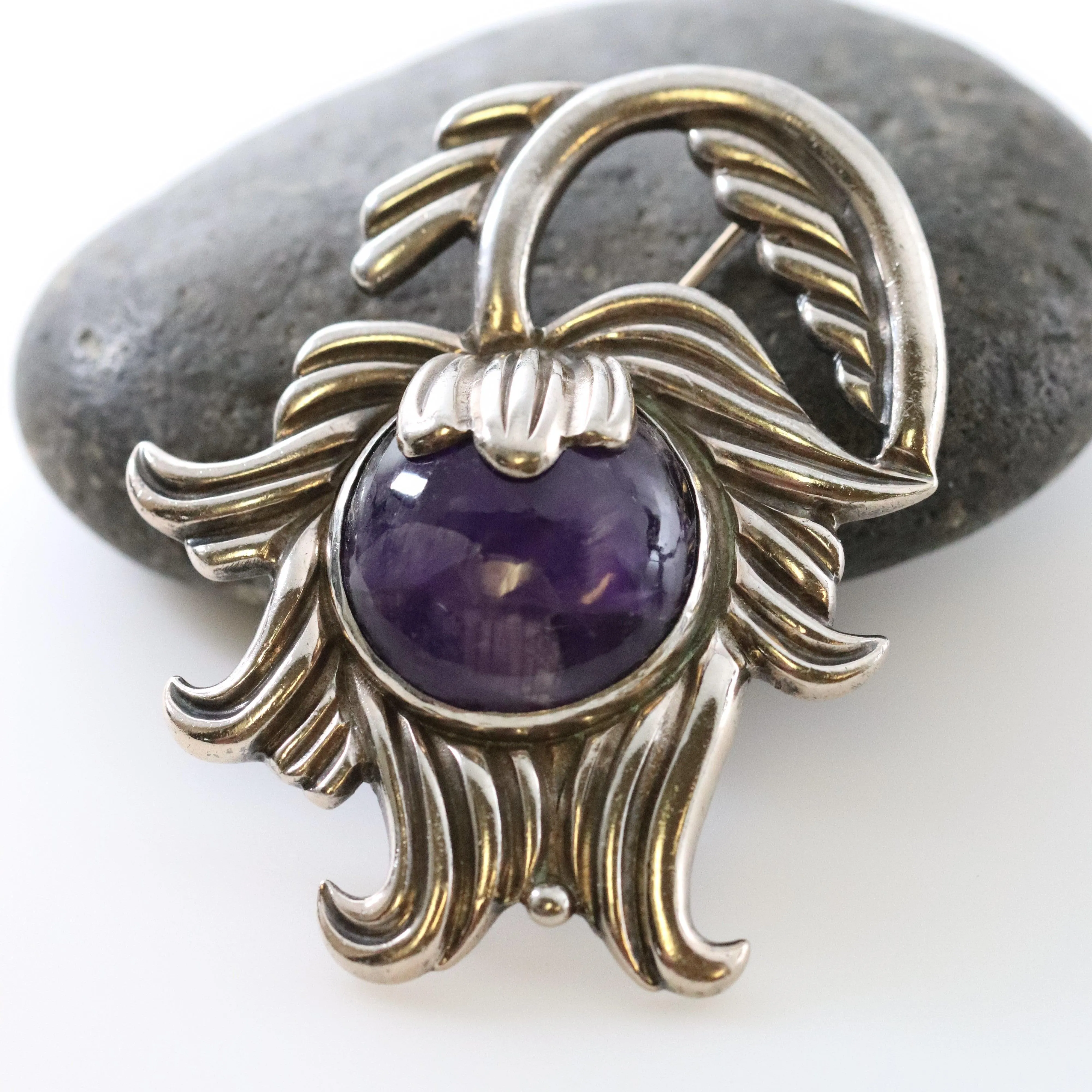 Vintage Los Castillo Taxco Silver Mexican Jewelry | Mid Century Amethyst and Silver Brooch