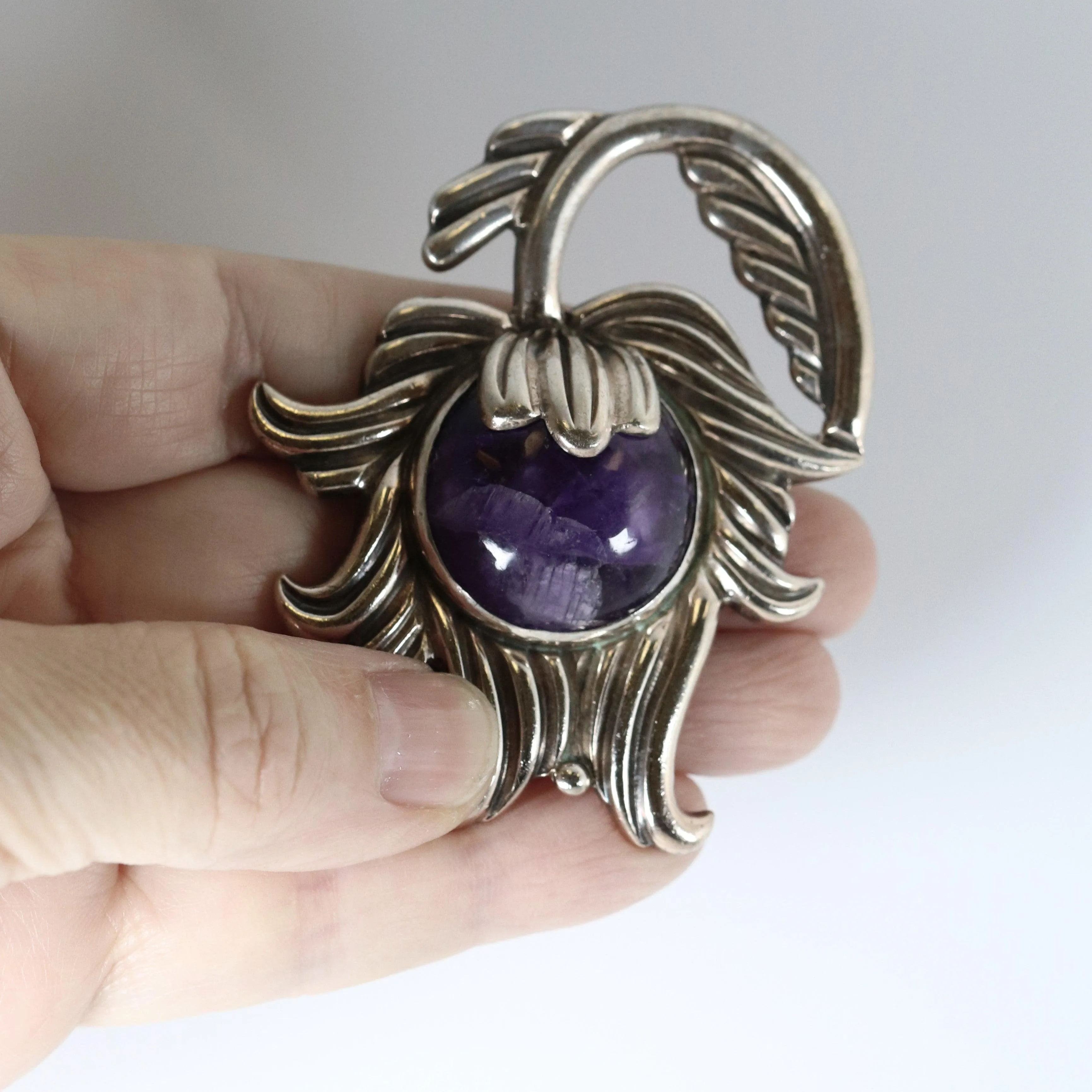 Vintage Los Castillo Taxco Silver Mexican Jewelry | Mid Century Amethyst and Silver Brooch