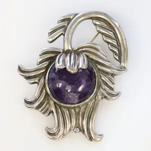 Vintage Los Castillo Taxco Silver Mexican Jewelry | Mid Century Amethyst and Silver Brooch
