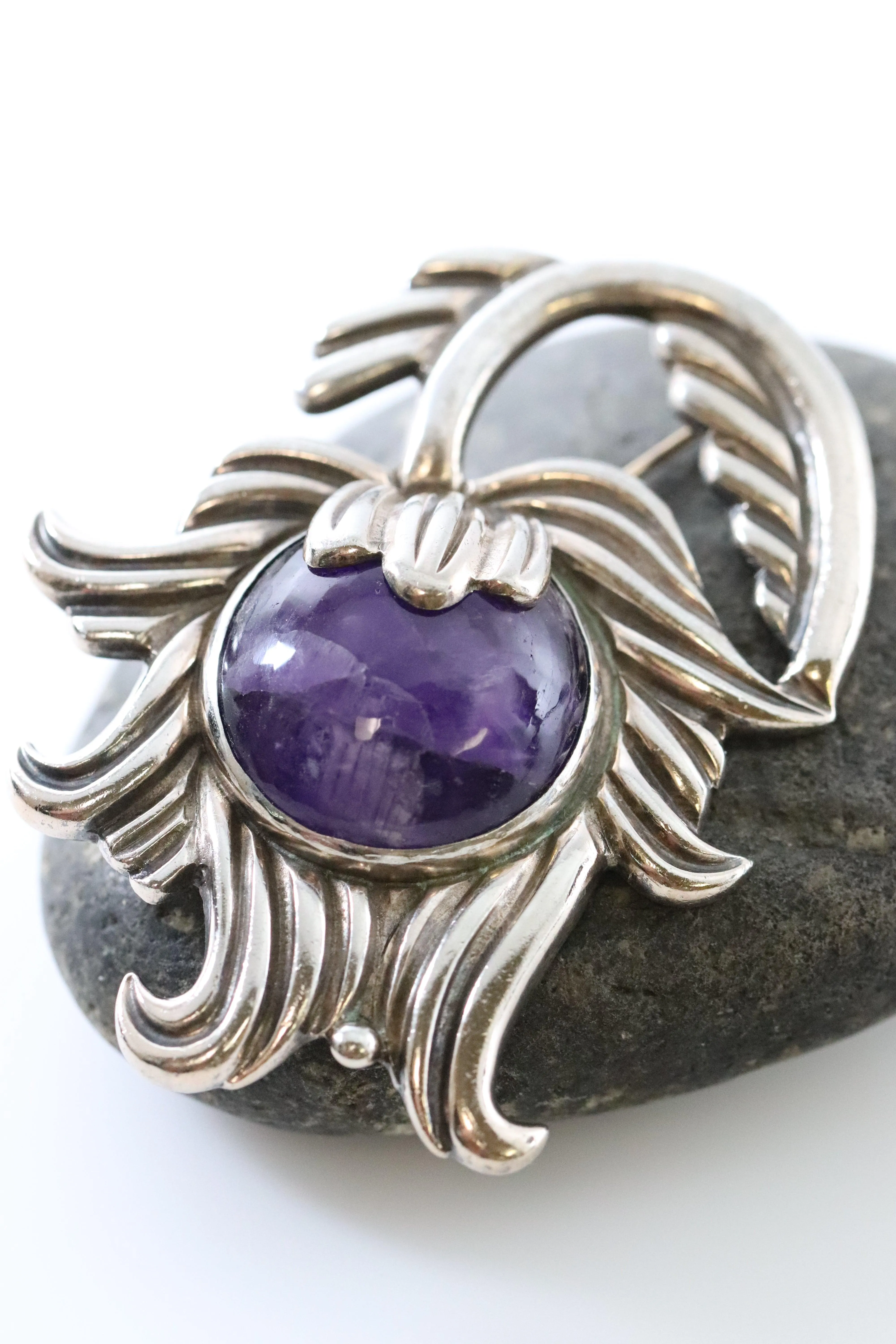 Vintage Los Castillo Taxco Silver Mexican Jewelry | Mid Century Amethyst and Silver Brooch