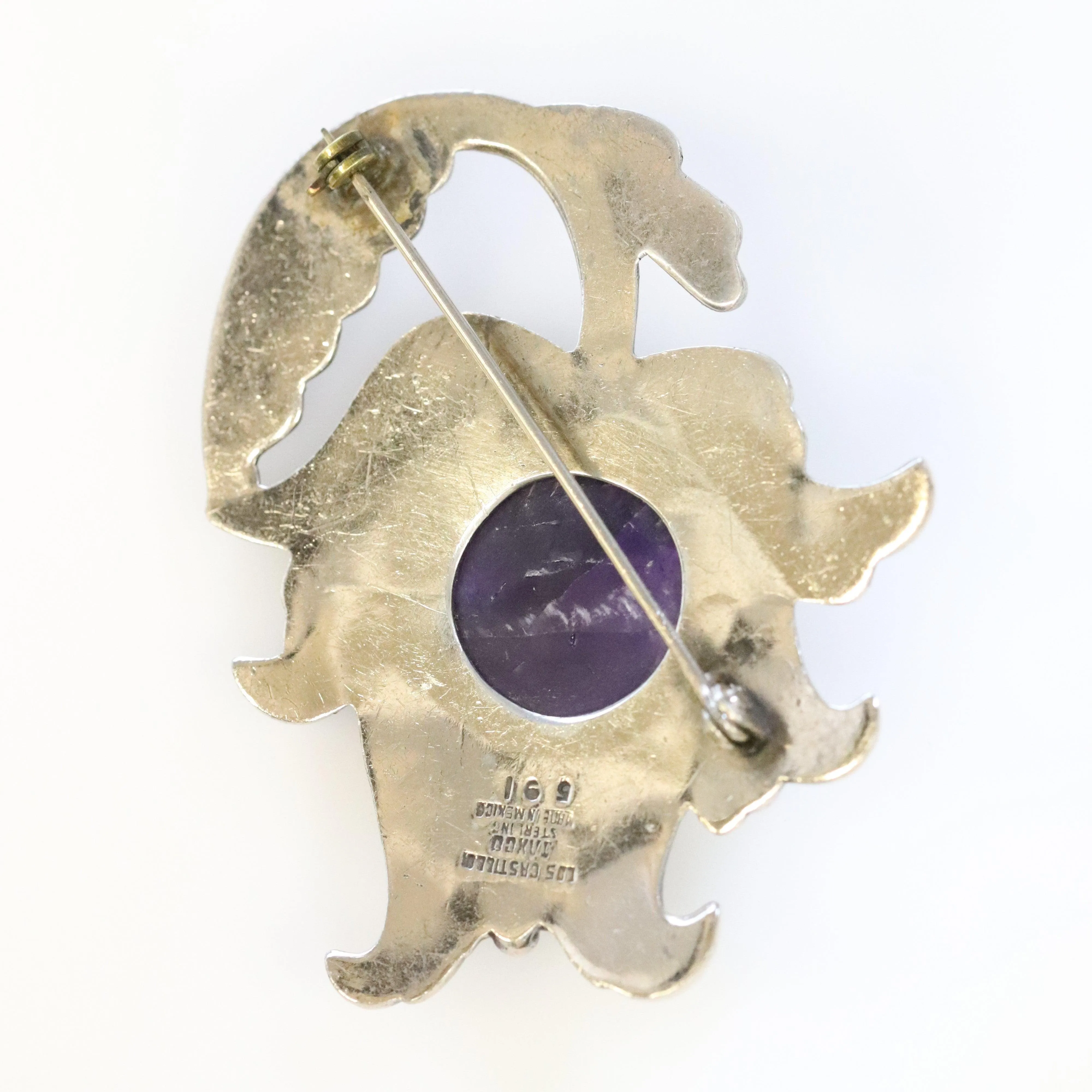 Vintage Los Castillo Taxco Silver Mexican Jewelry | Mid Century Amethyst and Silver Brooch