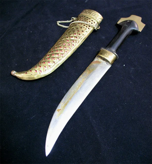 VINTAGE OLD KNIFE DAGGER INDIA CURVE BLADE Carve Brass CASE Estate Sale