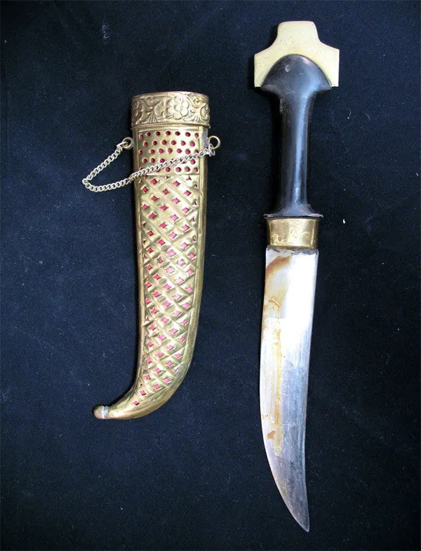 VINTAGE OLD KNIFE DAGGER INDIA CURVE BLADE Carve Brass CASE Estate Sale