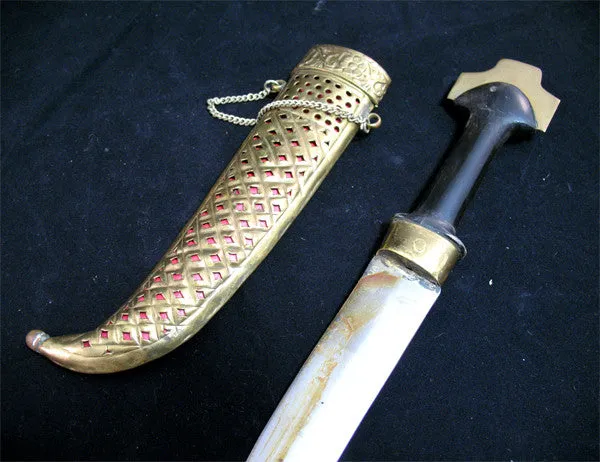 VINTAGE OLD KNIFE DAGGER INDIA CURVE BLADE Carve Brass CASE Estate Sale