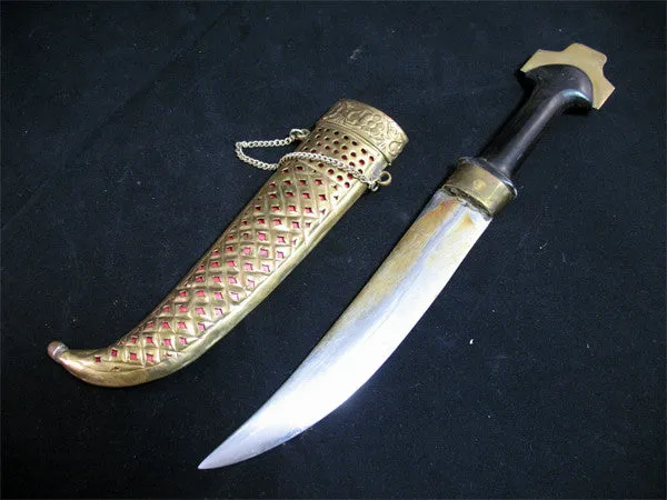 VINTAGE OLD KNIFE DAGGER INDIA CURVE BLADE Carve Brass CASE Estate Sale