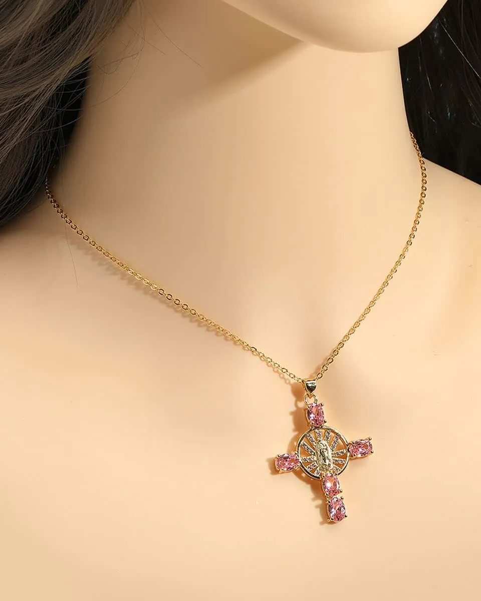 Virgin Mary Cross Necklace for Women, 18K Gold Plated Lucky Protection Inspirational Jewelry Gifts for Mother Wife Daughter