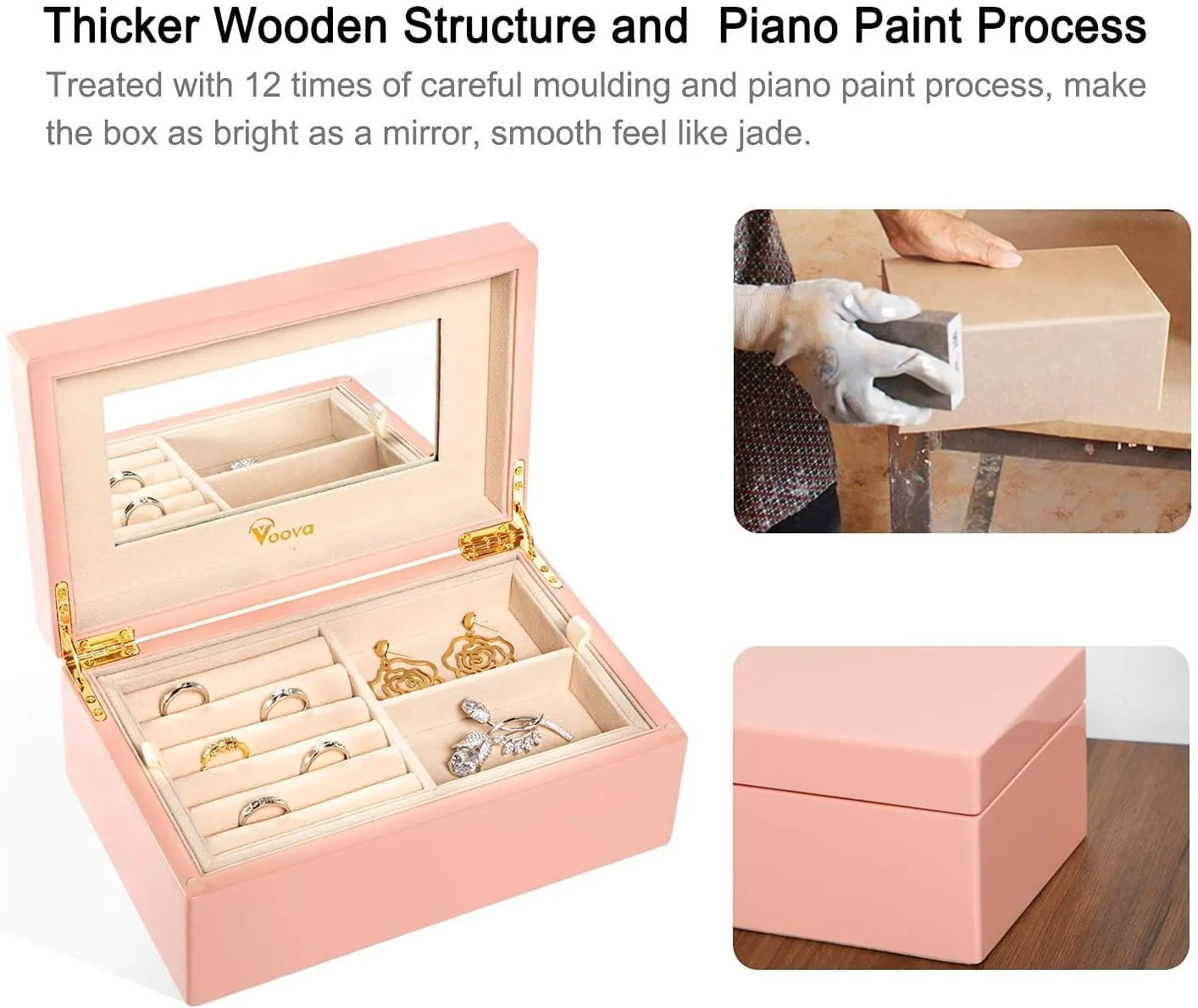 Voova Wooden Jewelry Box Organiser for Women Girls, Deluxe Piano Paint Jewelry Storage Case with Mirror, 2 Layer Jewellery Display Holder with Removable Tray for Earrings Rings Bracelets, Pink