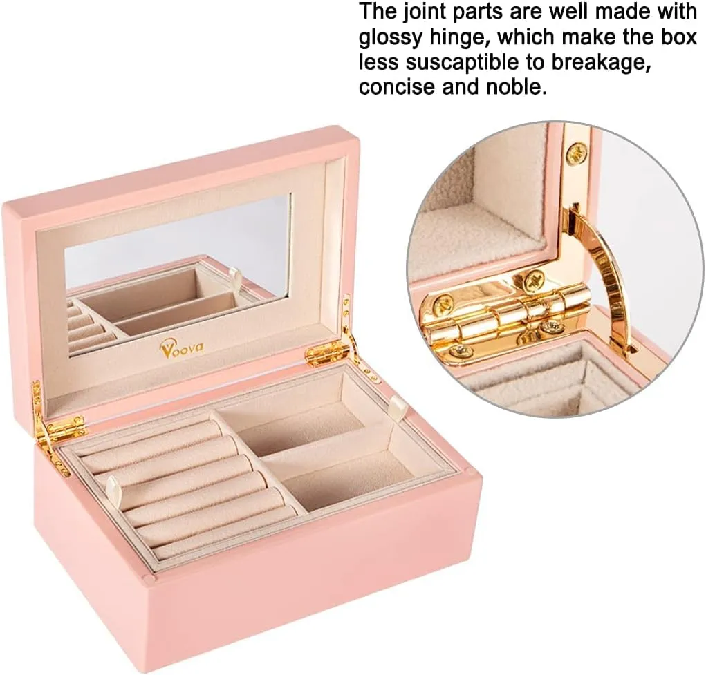 Voova Wooden Jewelry Box Organiser for Women Girls, Deluxe Piano Paint Jewelry Storage Case with Mirror, 2 Layer Jewellery Display Holder with Removable Tray for Earrings Rings Bracelets, Pink