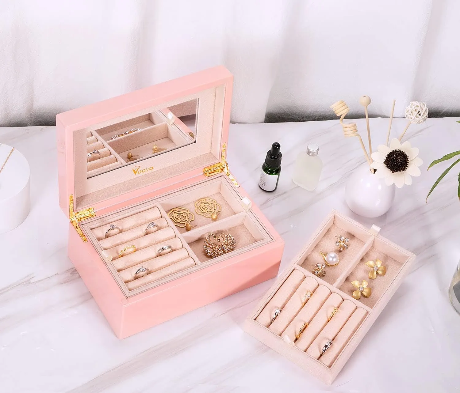 Voova Wooden Jewelry Box Organiser for Women Girls, Deluxe Piano Paint Jewelry Storage Case with Mirror, 2 Layer Jewellery Display Holder with Removable Tray for Earrings Rings Bracelets, Pink