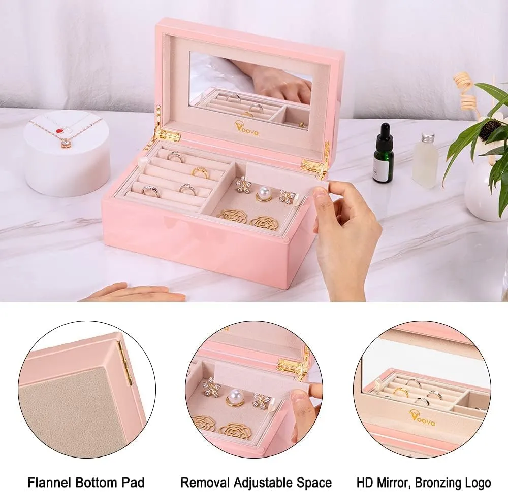 Voova Wooden Jewelry Box Organiser for Women Girls, Deluxe Piano Paint Jewelry Storage Case with Mirror, 2 Layer Jewellery Display Holder with Removable Tray for Earrings Rings Bracelets, Pink