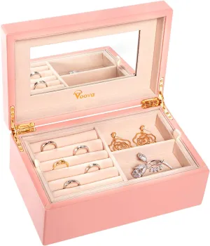 Voova Wooden Jewelry Box Organiser for Women Girls, Deluxe Piano Paint Jewelry Storage Case with Mirror, 2 Layer Jewellery Display Holder with Removable Tray for Earrings Rings Bracelets, Pink