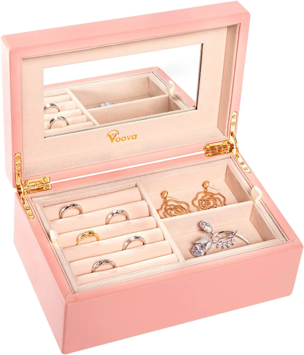 Voova Wooden Jewelry Box Organiser for Women Girls, Deluxe Piano Paint Jewelry Storage Case with Mirror, 2 Layer Jewellery Display Holder with Removable Tray for Earrings Rings Bracelets, Pink