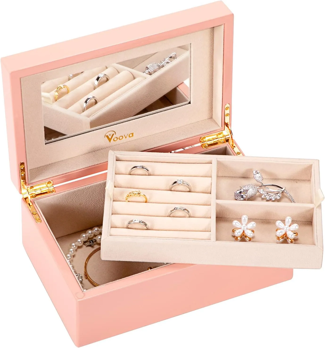 Voova Wooden Jewelry Box Organiser for Women Girls, Deluxe Piano Paint Jewelry Storage Case with Mirror, 2 Layer Jewellery Display Holder with Removable Tray for Earrings Rings Bracelets, Pink
