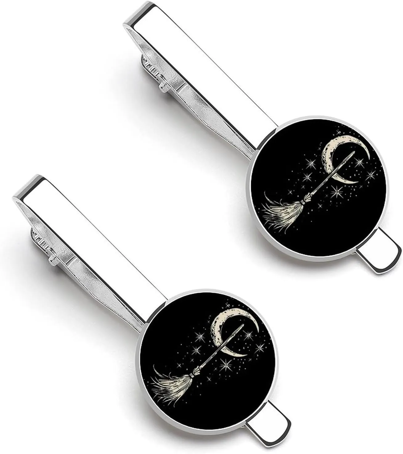 Witchy Magical Crescent Stars 2 Pcs Novelty Tie Clips for Men Funny Printed Tie Bar Tie Clip for Business Wedding