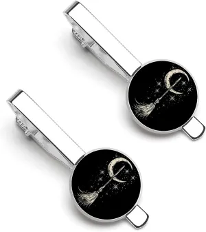 Witchy Magical Crescent Stars 2 Pcs Novelty Tie Clips for Men Funny Printed Tie Bar Tie Clip for Business Wedding