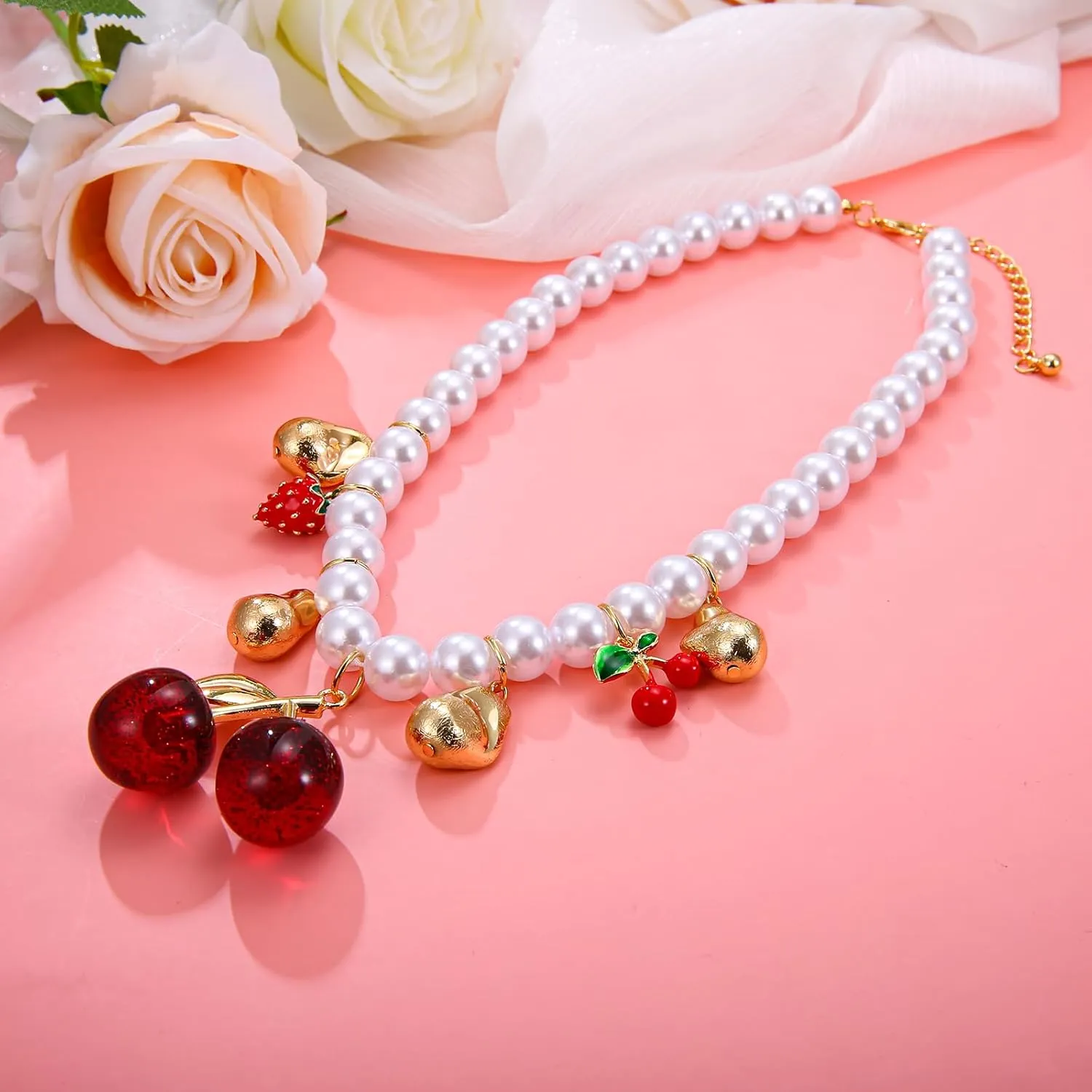 Women's Faux Pearl Necklace with Cherry, Heart, Evil Eye and Cameo Charms - Chunky and Colorful Design