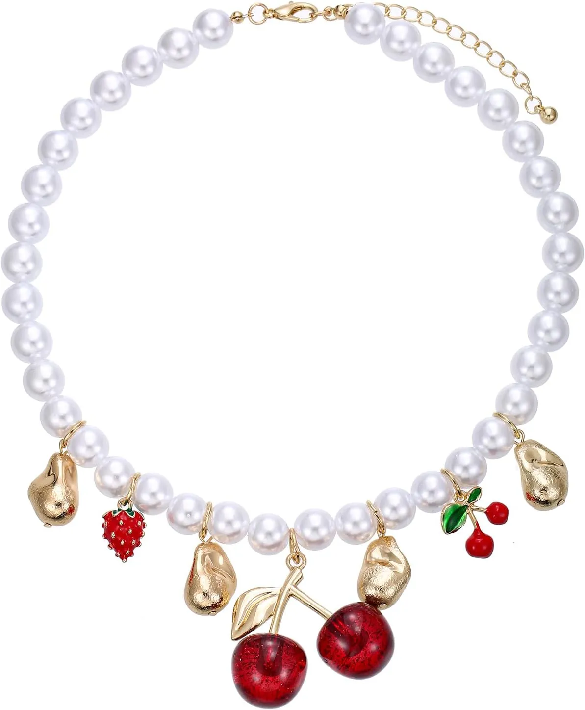 Women's Faux Pearl Necklace with Cherry, Heart, Evil Eye and Cameo Charms - Chunky and Colorful Design