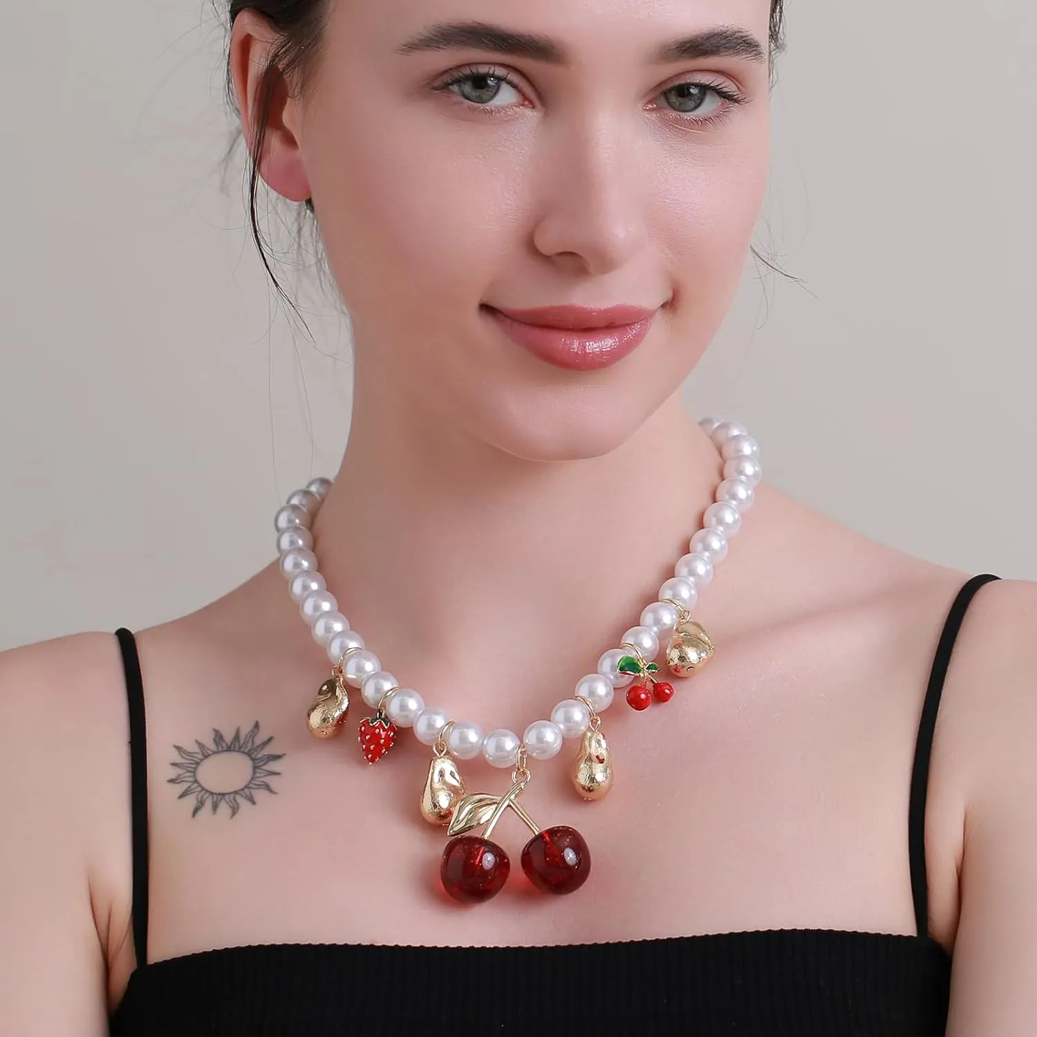 Women's Faux Pearl Necklace with Cherry, Heart, Evil Eye and Cameo Charms - Chunky and Colorful Design