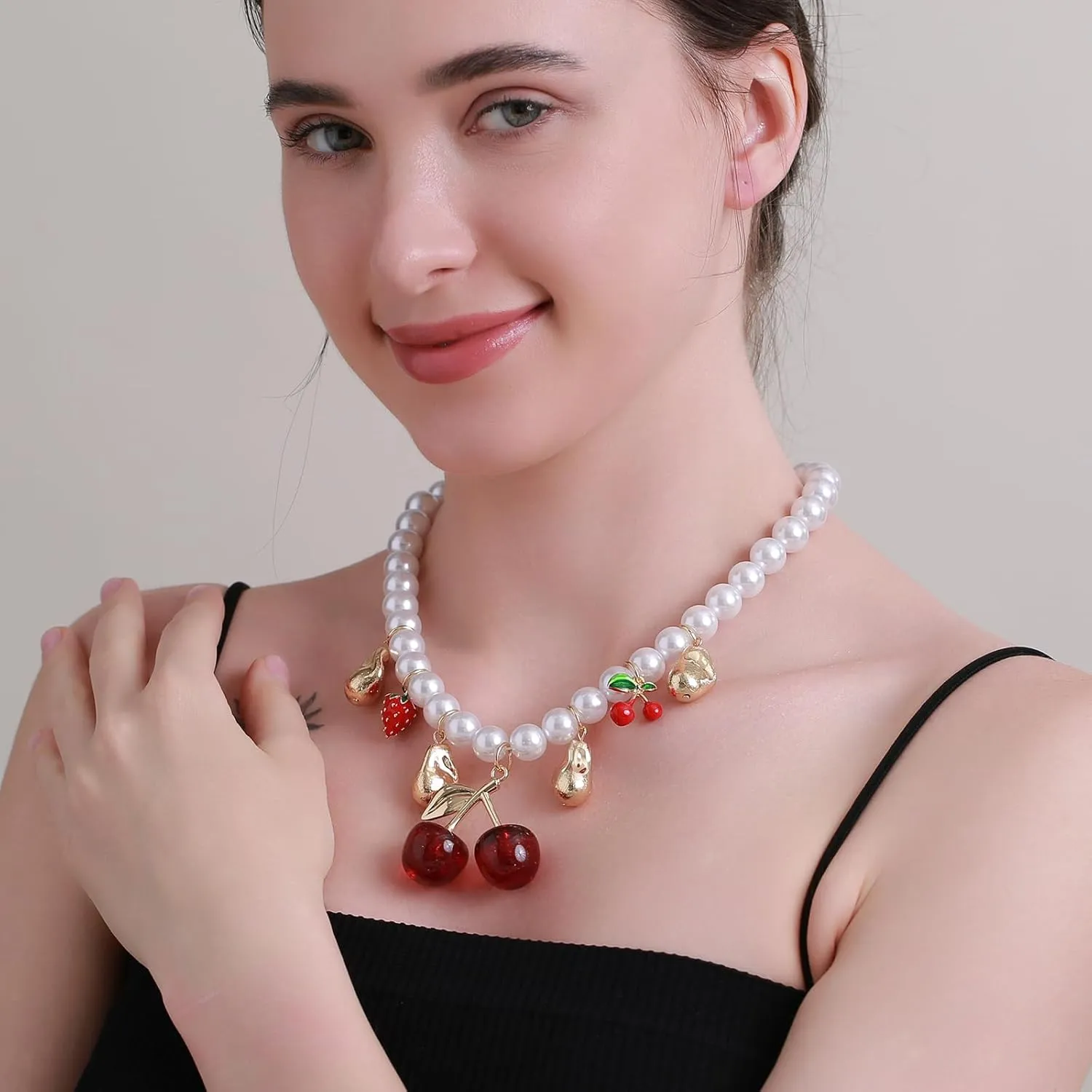 Women's Faux Pearl Necklace with Cherry, Heart, Evil Eye and Cameo Charms - Chunky and Colorful Design