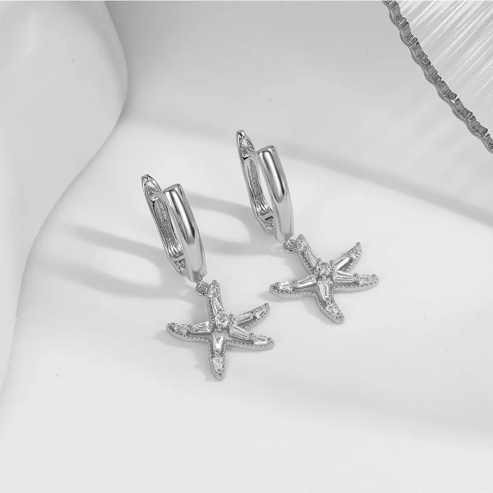 Xeyai Dainty Cute Huggie Hoop Earrings for Women,Zirconia Rhinestone Crystal Starfish Dangle Hypoallergenic Earrings for Women Trendy Jewelry Gift