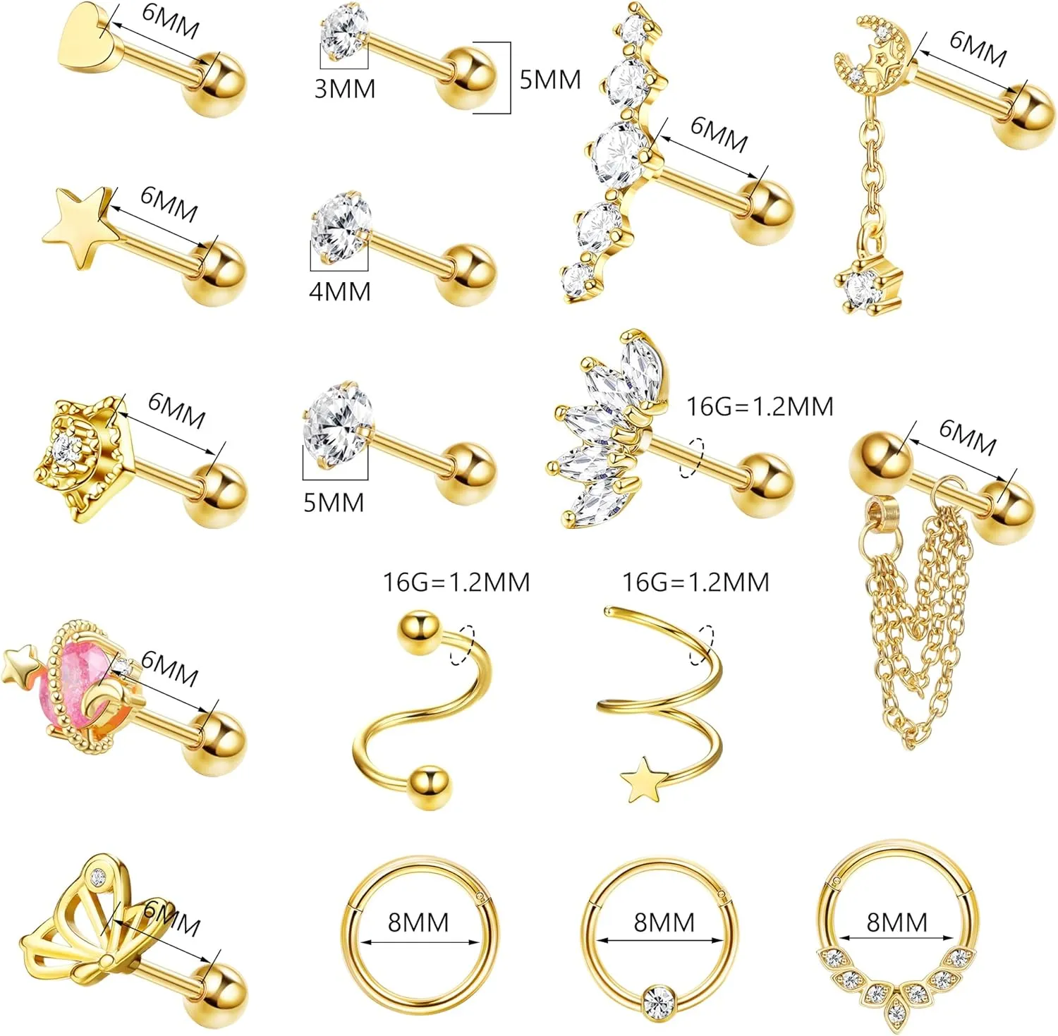 YADOCA 17PCS 16G Cartilage Earring Stud Hoop for Women Men Surgical Steel Hypollergenic Dangle Chain Stud Hoop Set CZ Opal Screw Back Earrings Helix Daith Conch Tragus Cartilage Piercing Jewelry