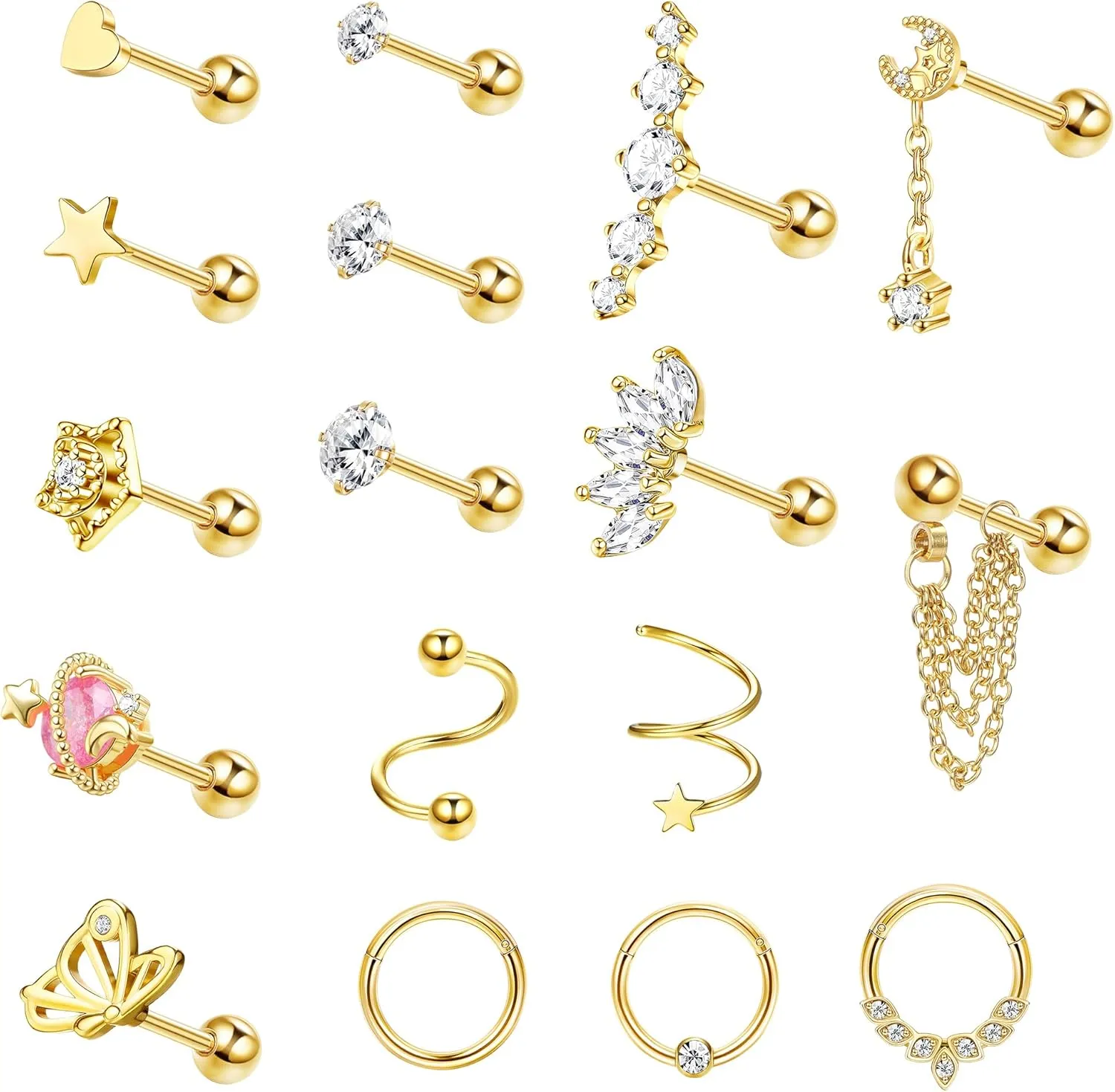YADOCA 17PCS 16G Cartilage Earring Stud Hoop for Women Men Surgical Steel Hypollergenic Dangle Chain Stud Hoop Set CZ Opal Screw Back Earrings Helix Daith Conch Tragus Cartilage Piercing Jewelry