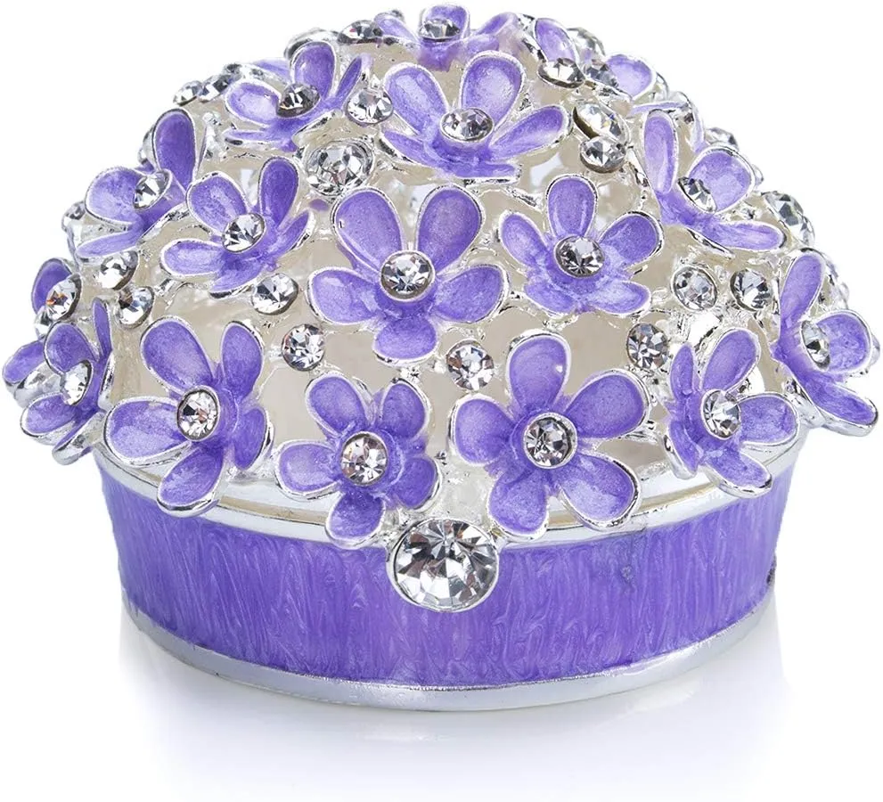 YU FENG 3inch Hinged Trinket Boxes Crystal Jeweled Enameled Purple Forget Me Not Flower Butterfly Trinket Jewelry Box for Women Girls