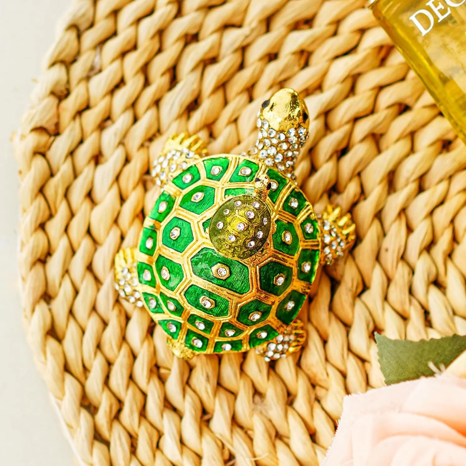 YU FENG Crystals Bejeweled Turtle Trinket Box Hinged Enameled Mother-Child Tortoise Animal Figurine Jewelry Ring Holder Box