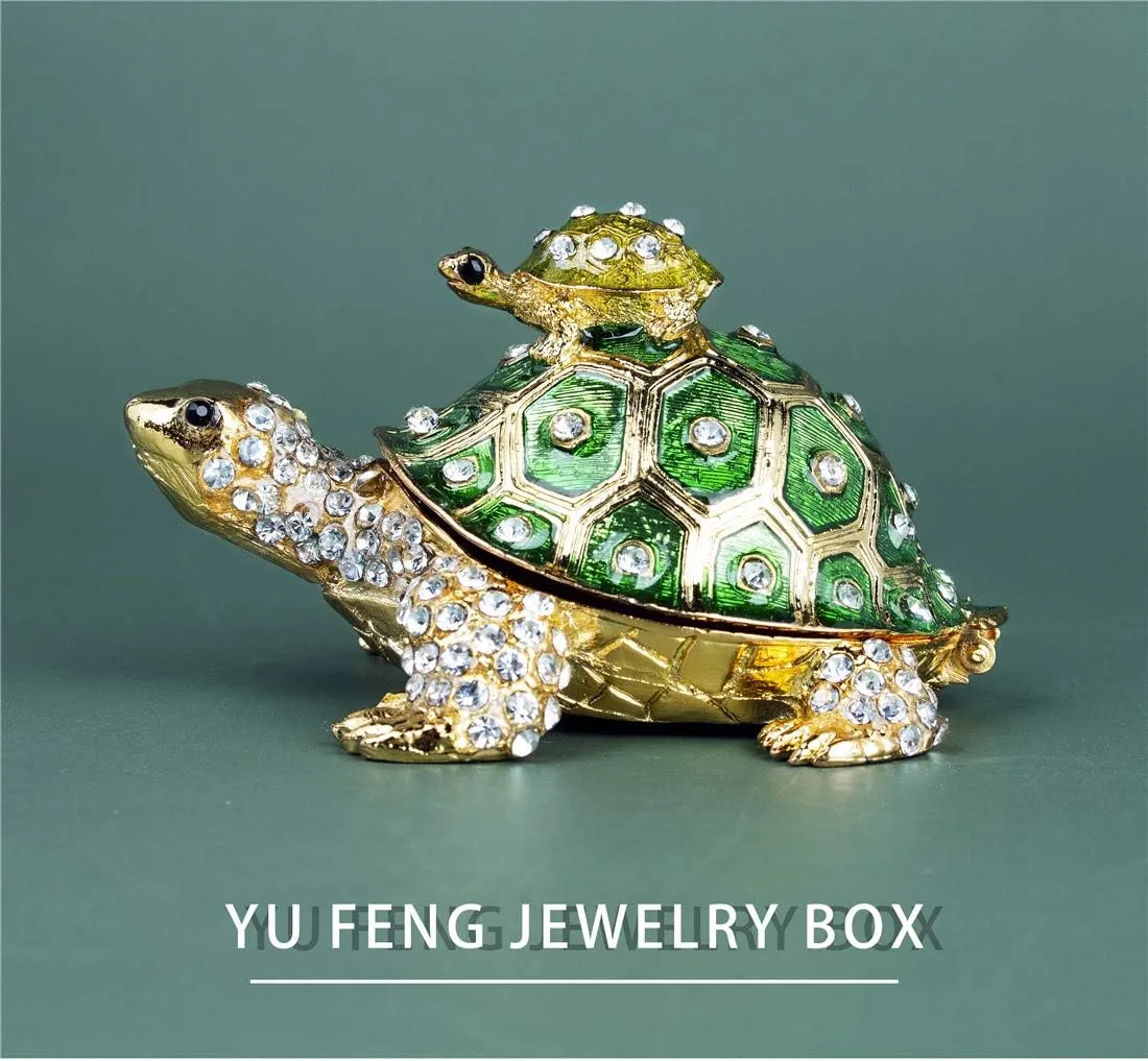 YU FENG Crystals Bejeweled Turtle Trinket Box Hinged Enameled Mother-Child Tortoise Animal Figurine Jewelry Ring Holder Box