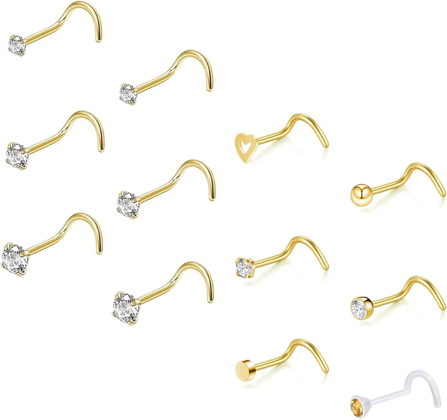 ZS 12Pcs 20G Nose Studs Rings - Surgical Steel L Shape Nose Bone Nose Screw CZ Nostril Piercing Jewelry for Women
