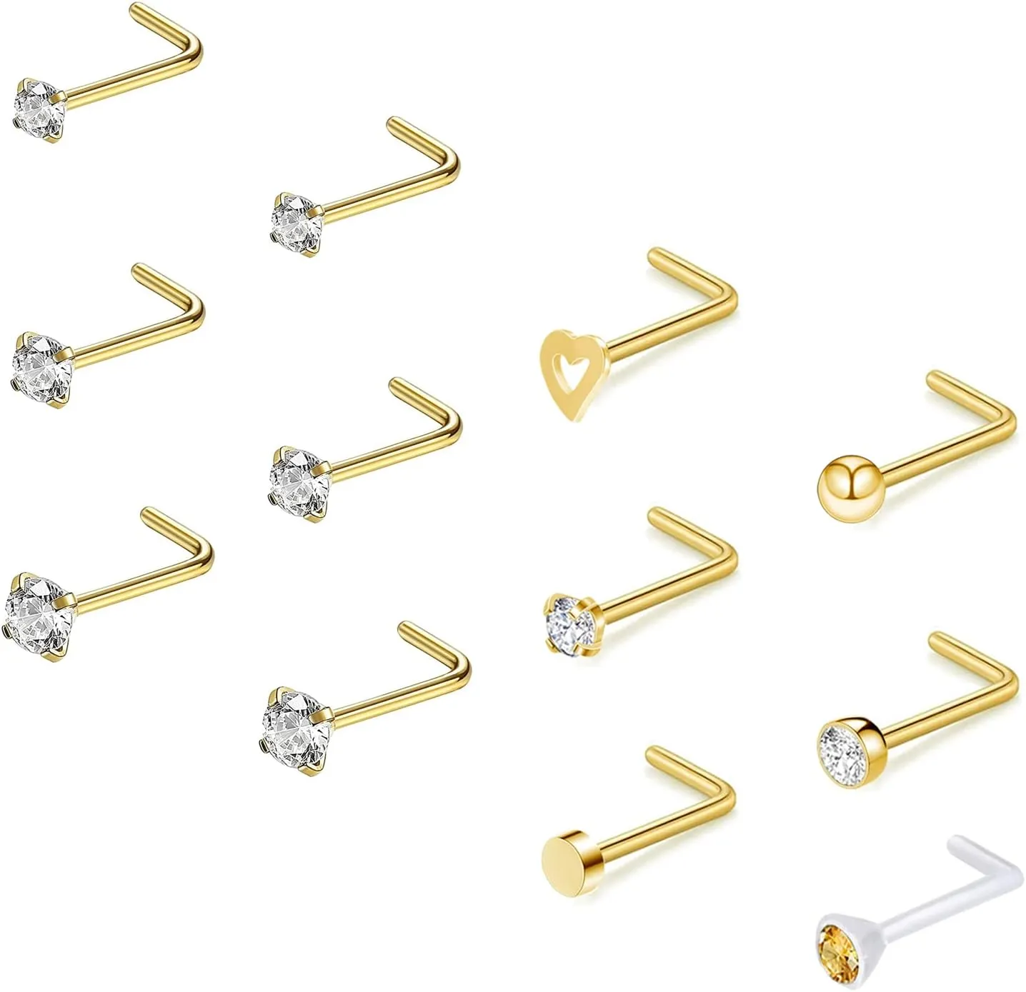 ZS 12Pcs 20G Nose Studs Rings - Surgical Steel L Shape Nose Bone Nose Screw CZ Nostril Piercing Jewelry for Women