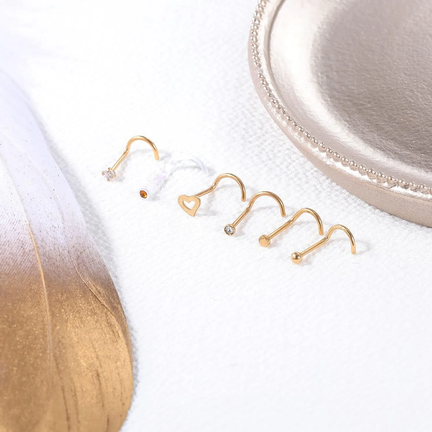 ZS 12Pcs 20G Nose Studs Rings - Surgical Steel L Shape Nose Bone Nose Screw CZ Nostril Piercing Jewelry for Women
