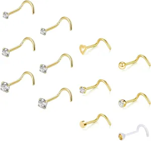 ZS 12Pcs 20G Nose Studs Rings - Surgical Steel L Shape Nose Bone Nose Screw CZ Nostril Piercing Jewelry for Women